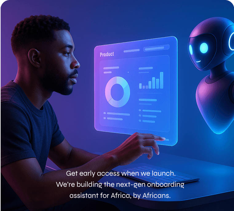 AI-powered onboarding interface showing a person interacting with holographic displays and an AI assistant