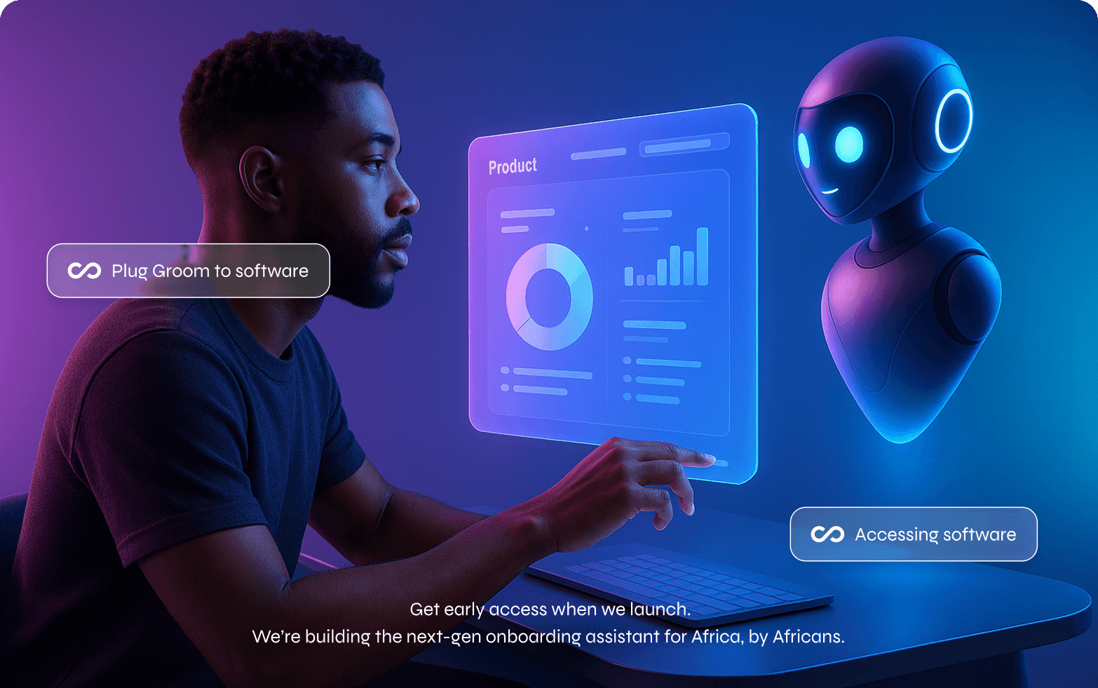 AI-powered onboarding interface showing a person interacting with holographic displays and an AI assistant